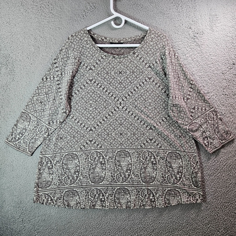 Lucky Brand Tunic Top Blouse Women‎ 2X Paisley Geometric Stretch Gray White